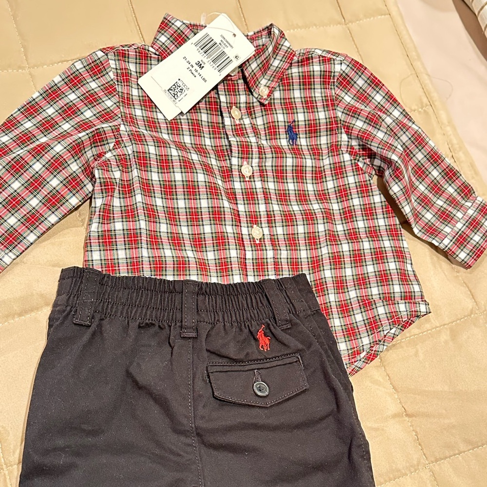 Ralph Lauren plaid shirt and black slacks Size 3 months